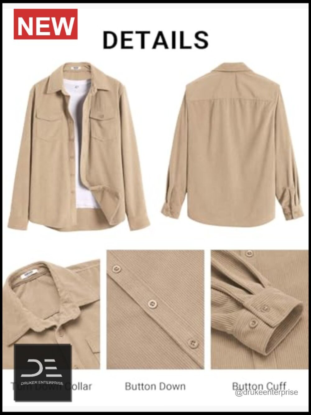 Corduroy Button Down Shirt Jacket Lightweight Overshirt with Flap Pockets - Picture 5 of 7